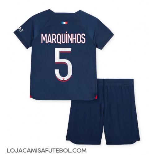 Camisa de Futebol Paris Saint-Germain Marquinhos #5 Equipamento Principal Infantil 2023-24 Manga Curta (+ Calças curtas)